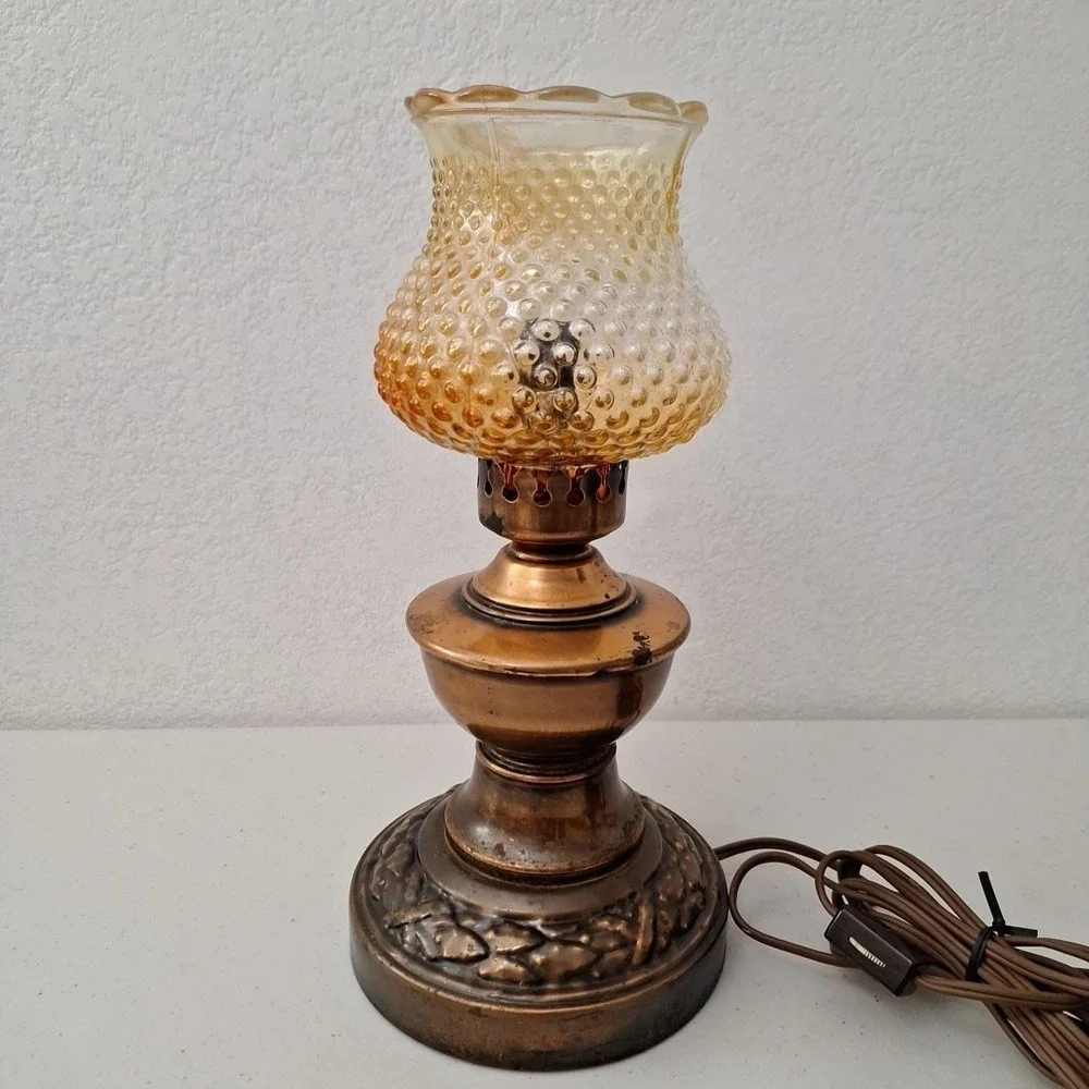 Victorian Style Vintage Table Hurricane Lamp COPPER BASE & AMBER HOBNAIL SHADE